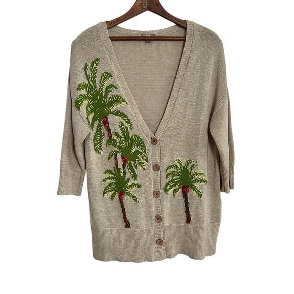 J. Jill Linen Blend Embroidered Palm Tree Button Front Cardigan Cream Size Small - Picture 1 of 10